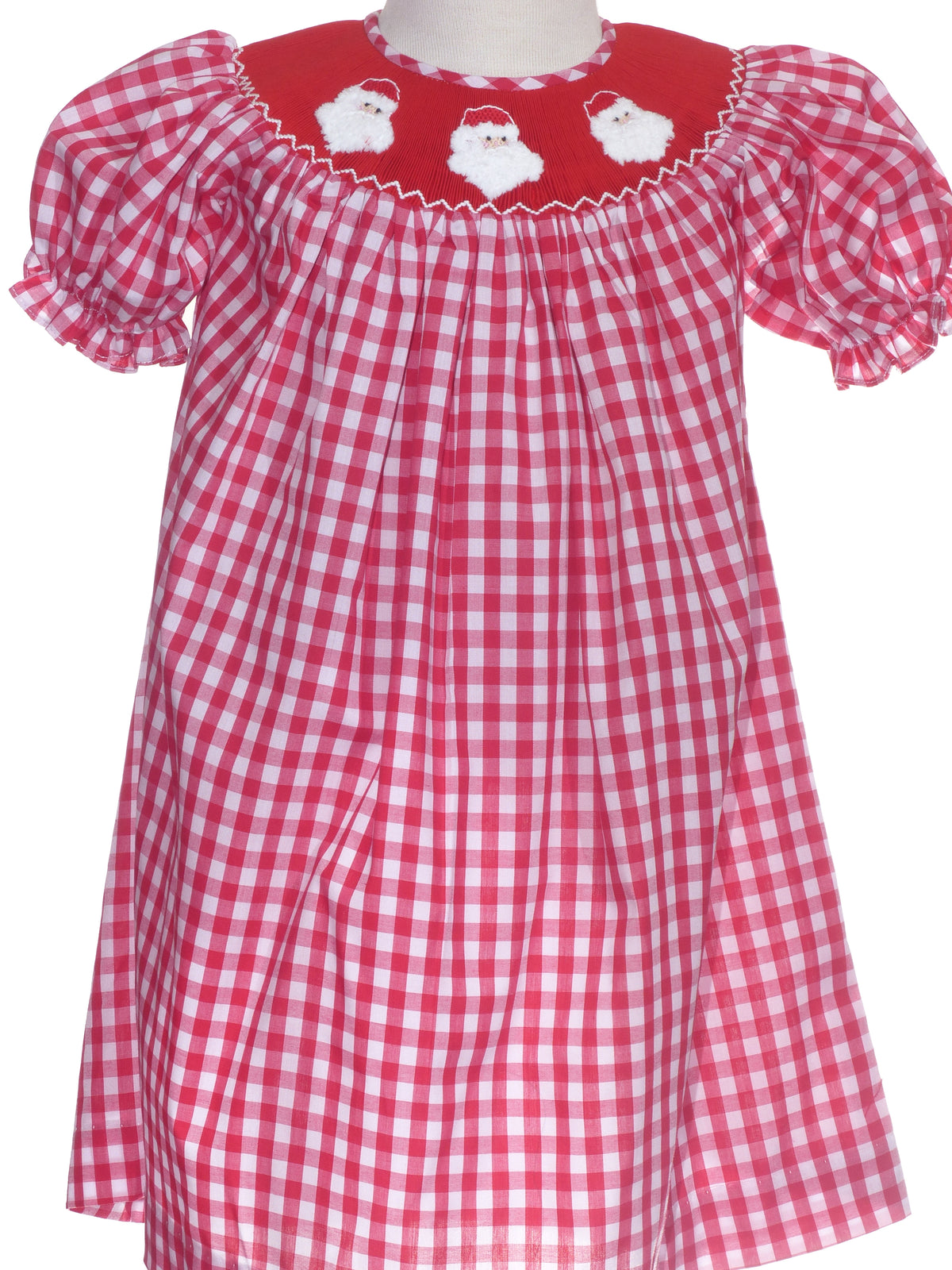 Red Gingham Short-Sleeve Bishop Dress Smocked With SANTA FACES