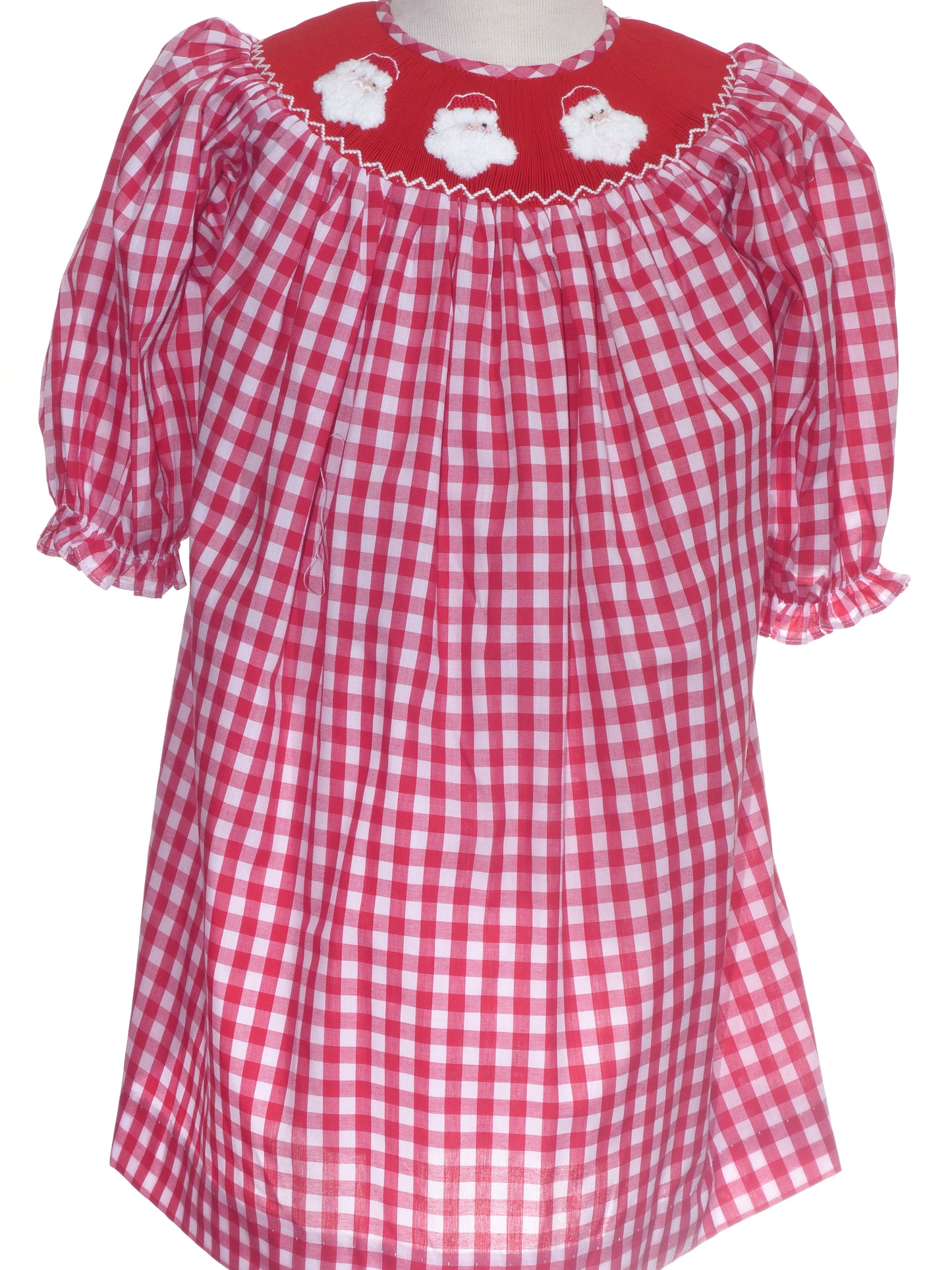 Red Gingham Long-Sleeve Bishop Dress Smocked With SANTA FACES