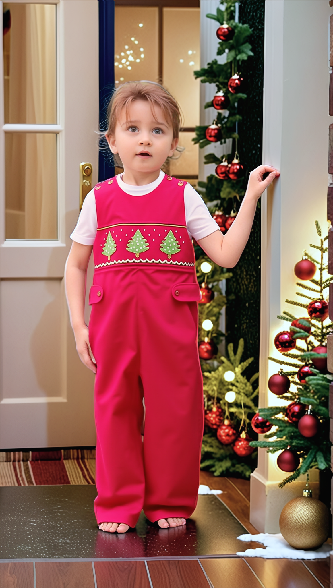 Red Corduroy Christmas Trees Smocked Boy Long Overall