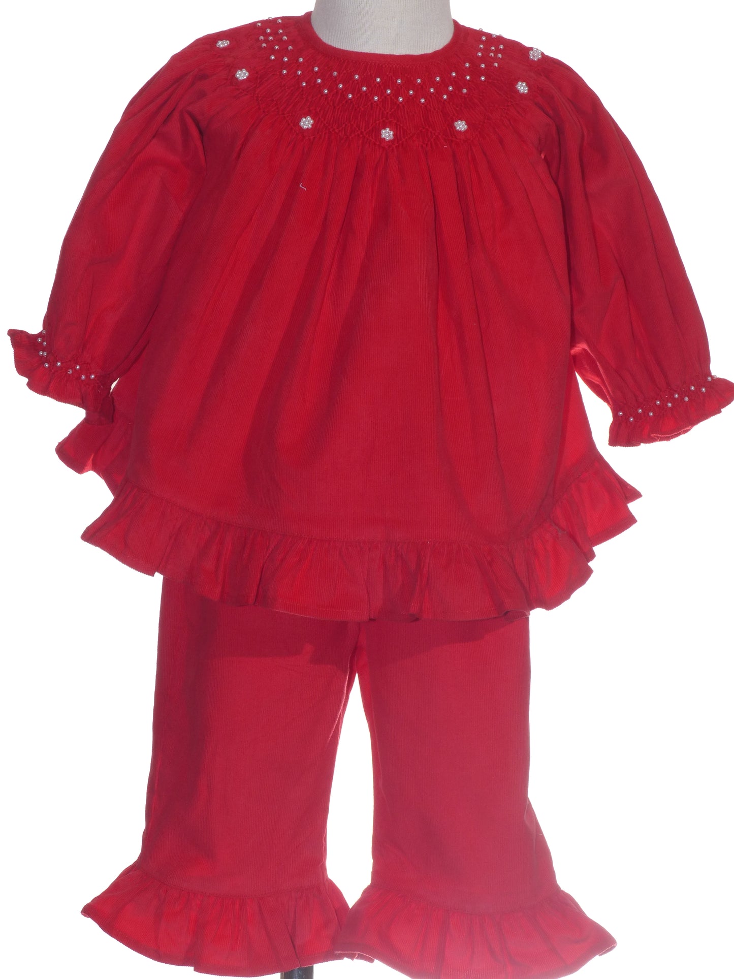 Red Corduroy Geometric Smocked With Pearls Pant Set