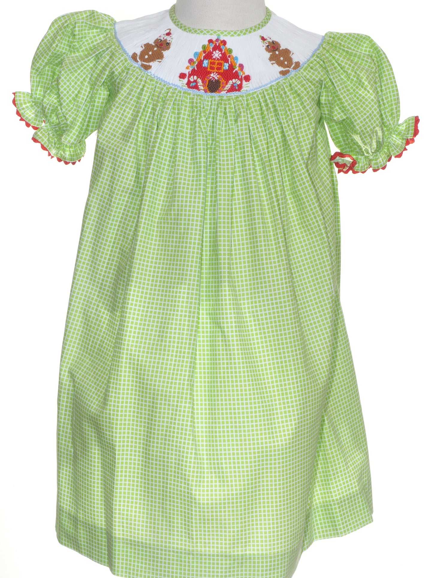 Light Green Gingham Short Sleeve Bishop Dress Featuring GINGERBREAD HOUSE Smocked