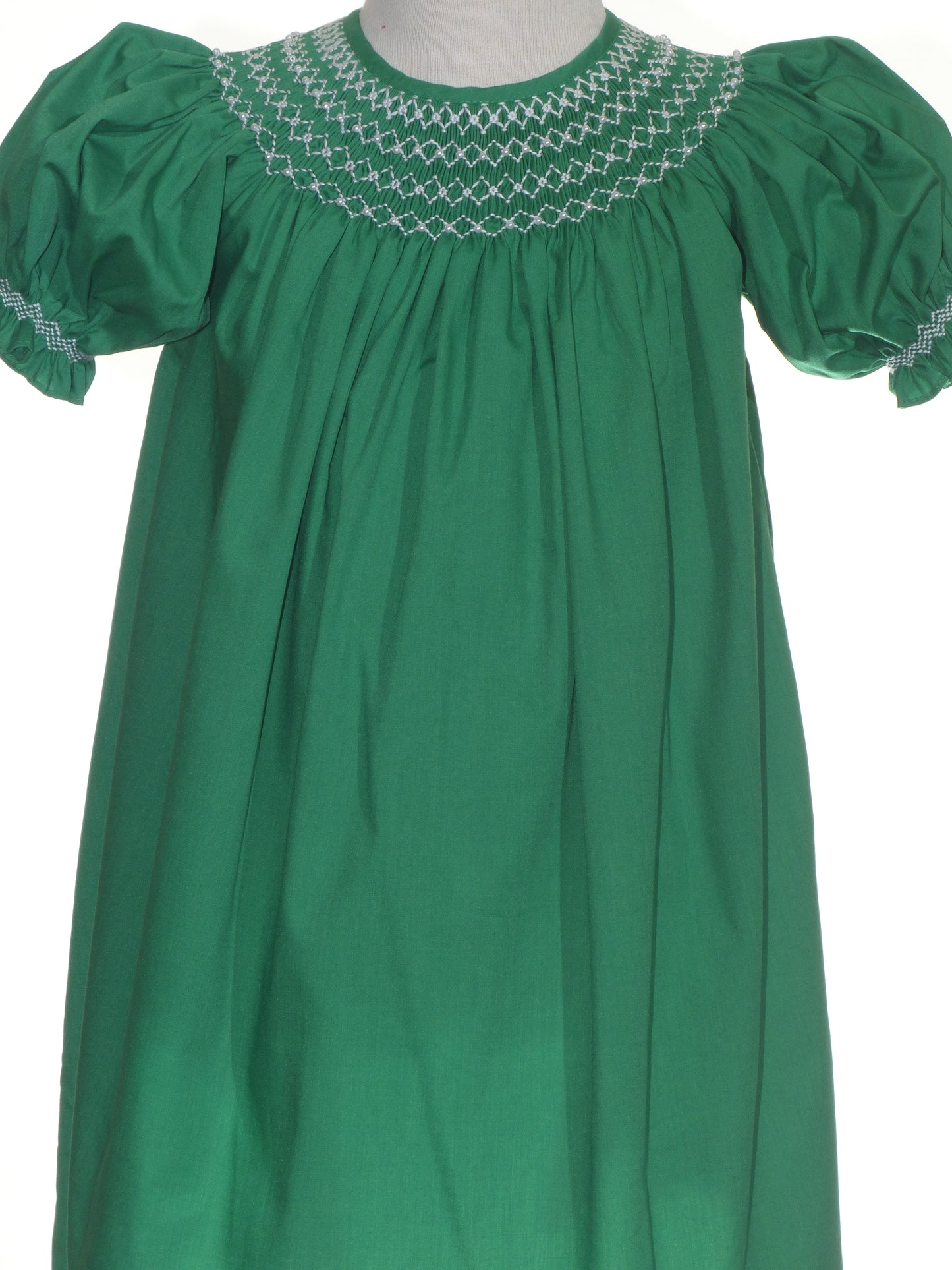 Green Pearl Smocked With Short Bishop Sleeve Dress