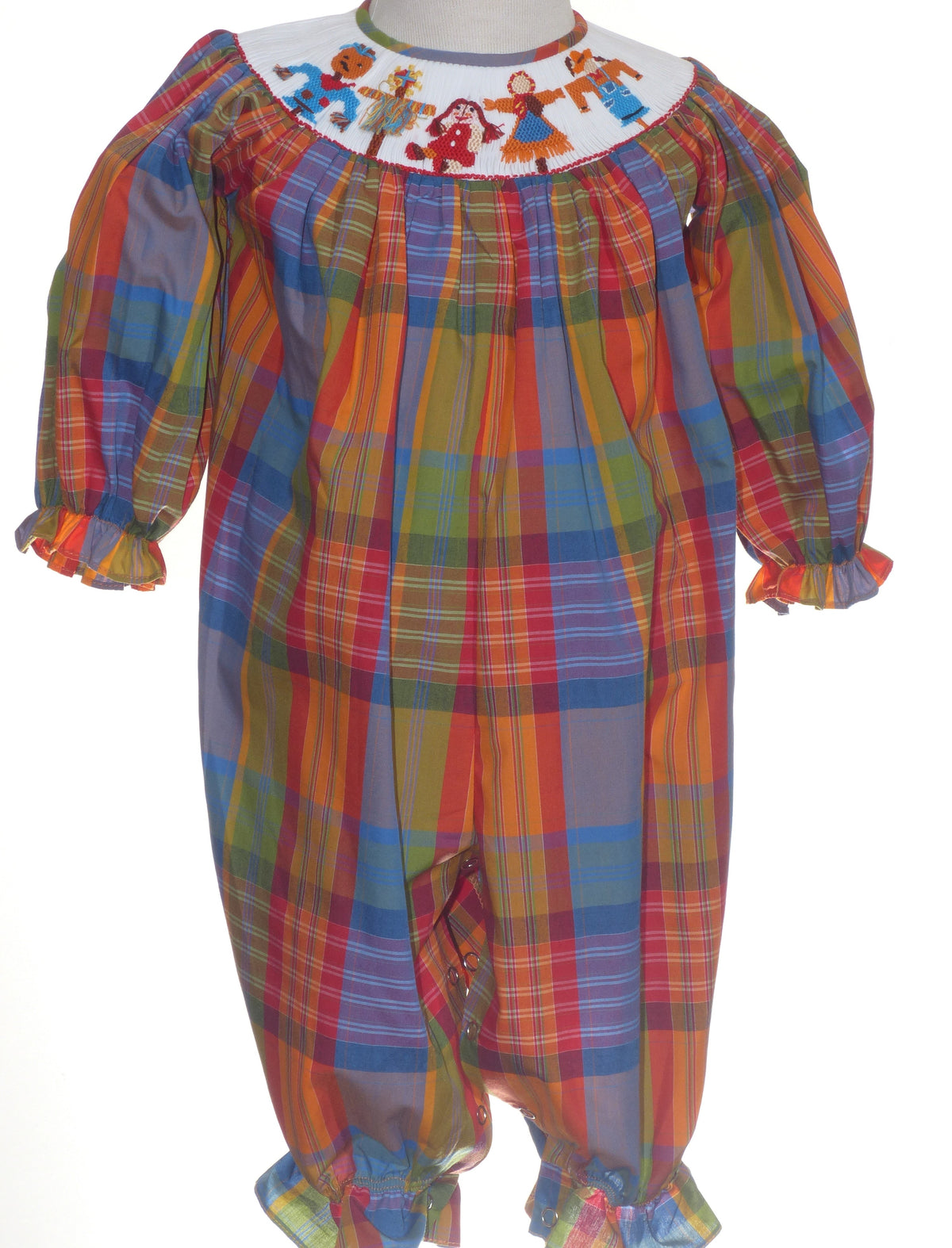 Muti-colors Plaid Long Bishop Sleeve Romper featuring SCARECROWS Hand-Smocked