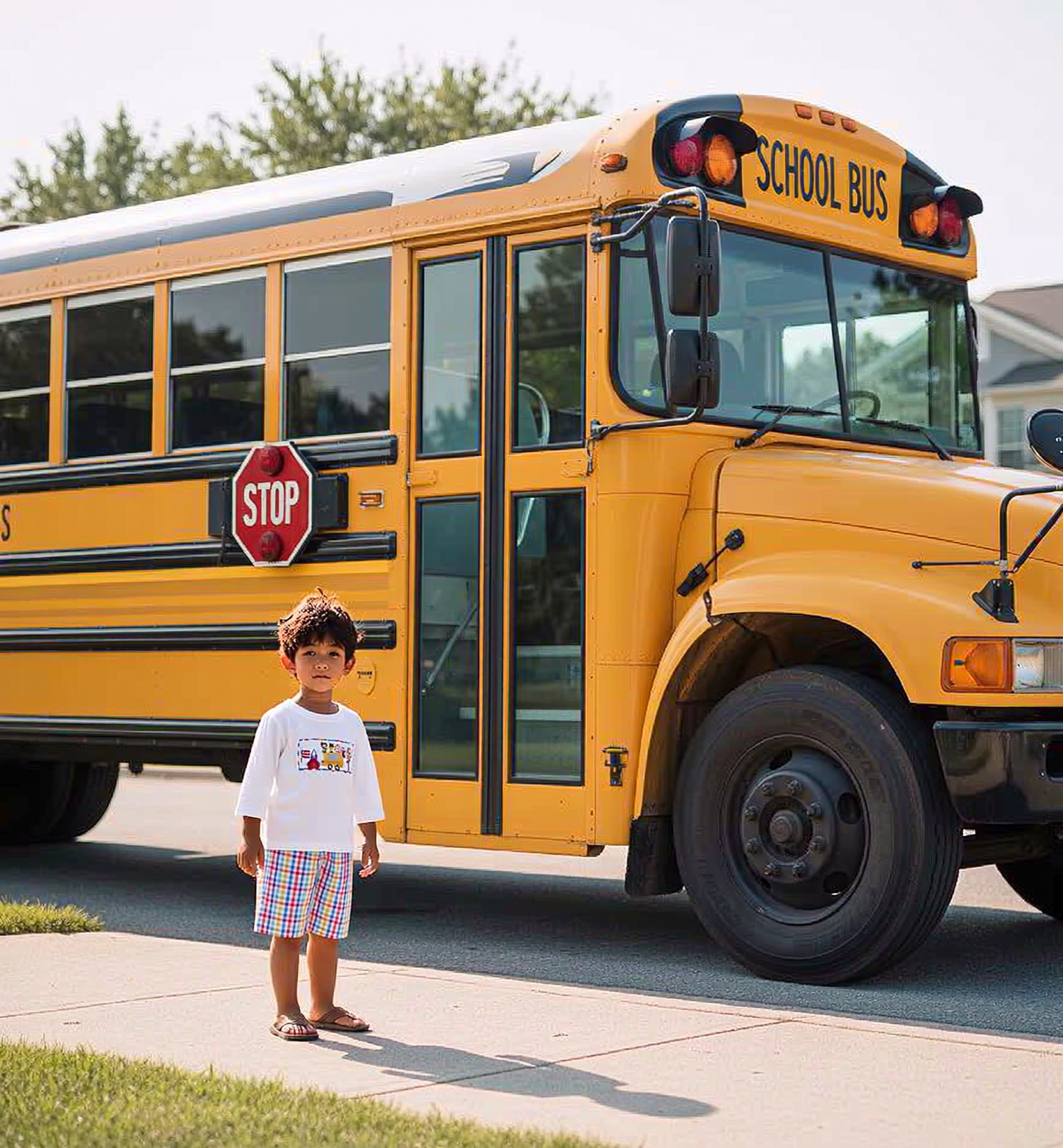 Multi Colors Gingham Boy Pant Set featuring SCHOOL BUS Smocked