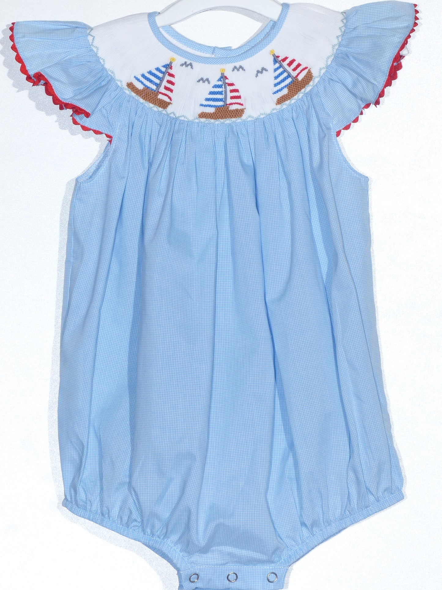 Blue Gingham American Flags Sailing with Smocked Angel Wing Sleeve Bubble