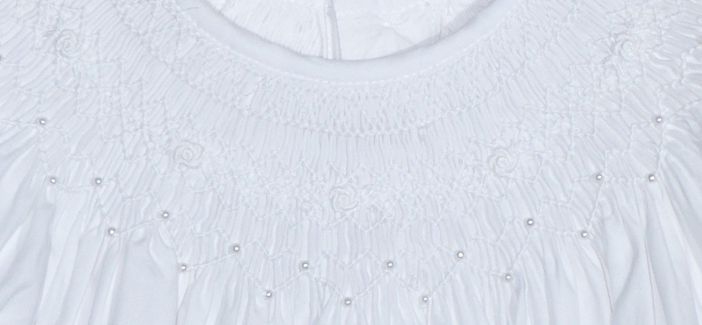 White Geometric Smocked with Pearls Short Bishop Sleeve Dress