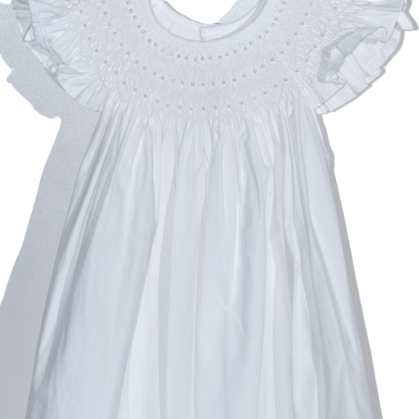 White Geometric Smocked with Pearl Angle Wing Sleeve Dress