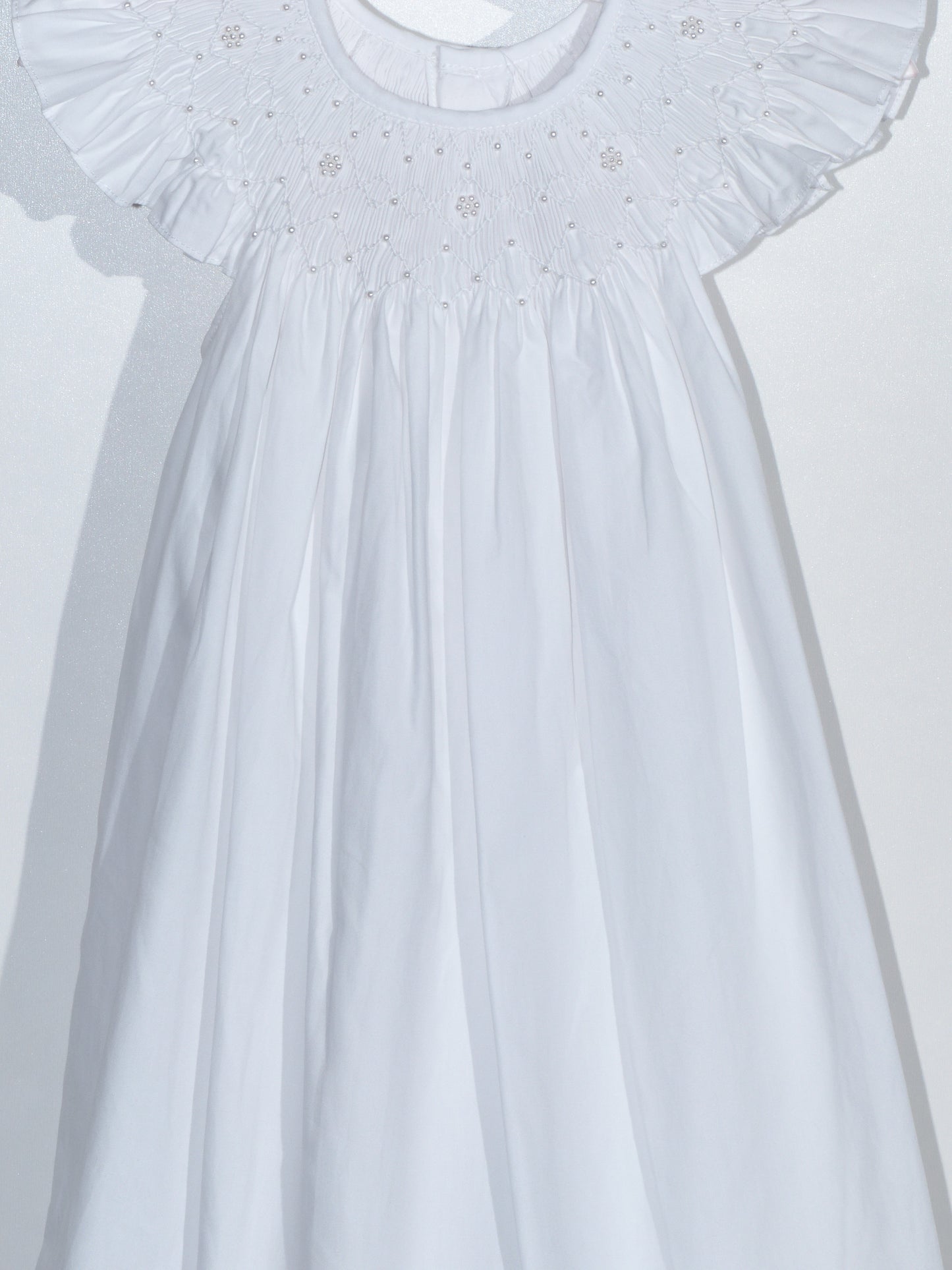 White Geometric Smocked with Pearl Angle Wing Sleeve Dress