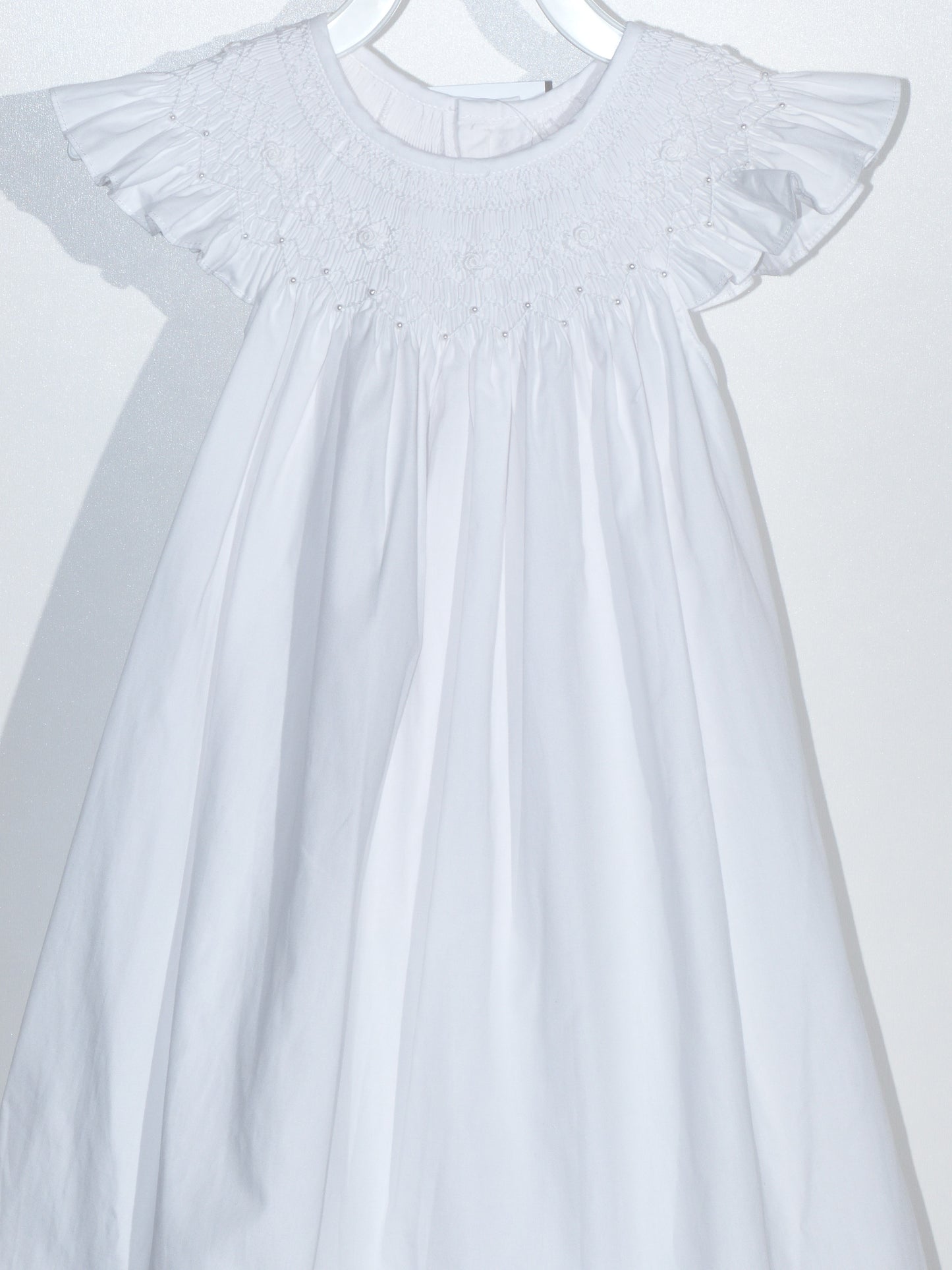 White Geometric Smocked with Pearl Angle Wing Sleeve Dress