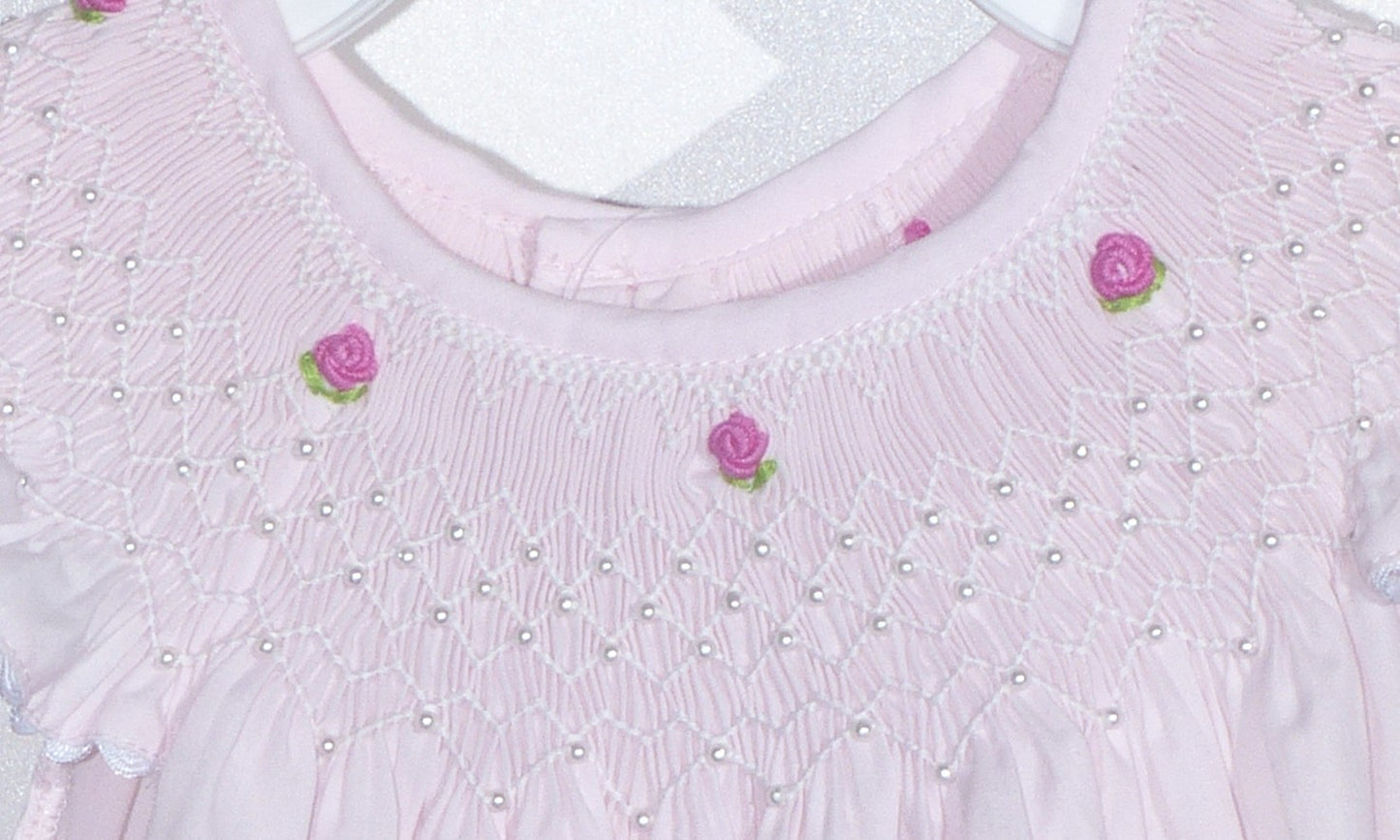 Pink Geometric Smocked with Flowers Angel Sleeve Dress