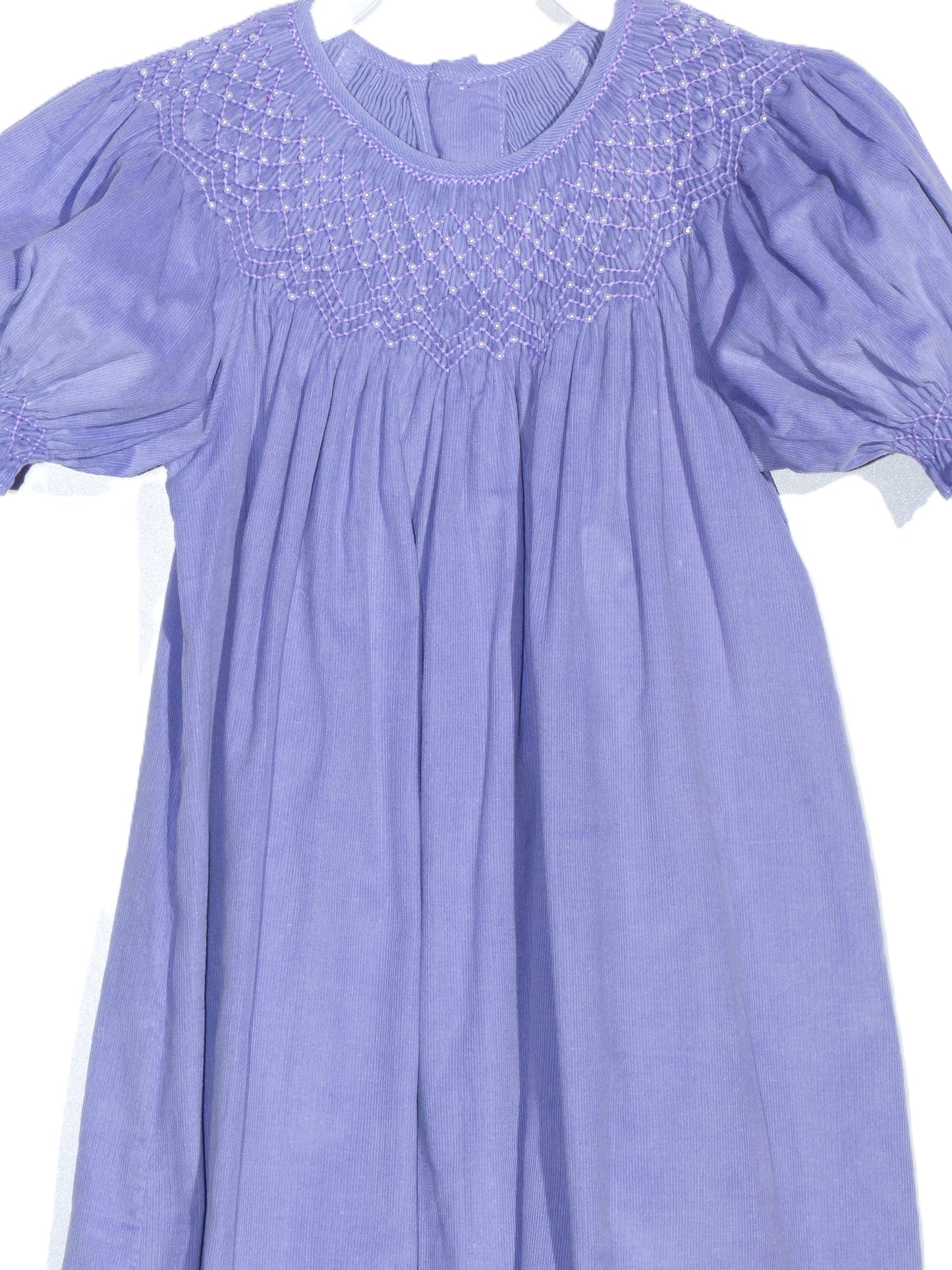 Purple Corduroy Geo Smocked With Pearls Short Sleeve Bishop Dress