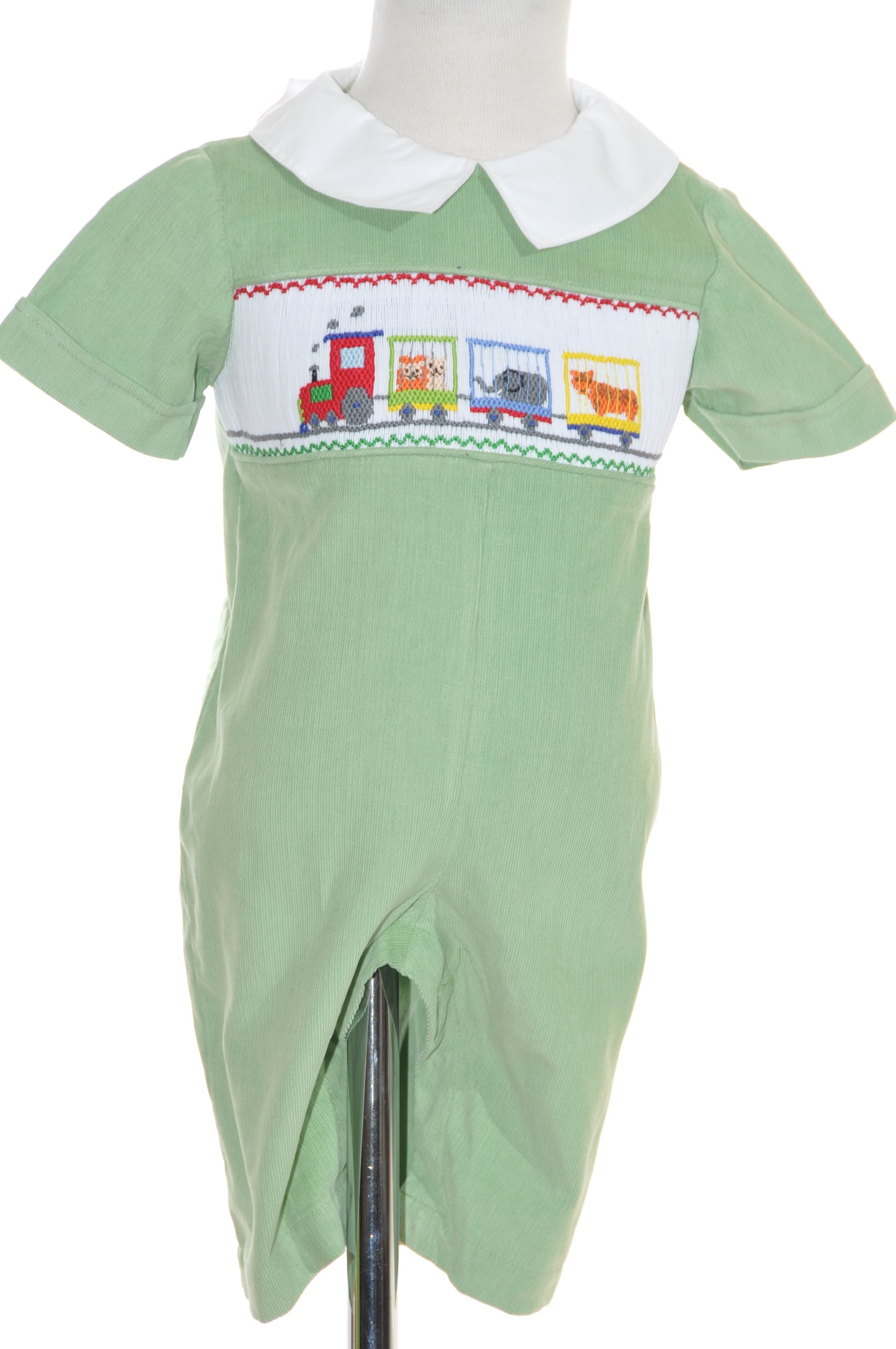Sage Greem Corduroy Animal Train Smocked Boy Romper
