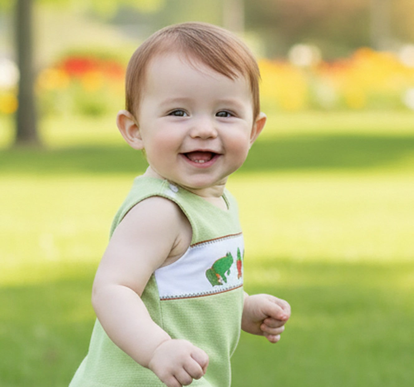 Green Frog with Heart Smocked Boy Shortall