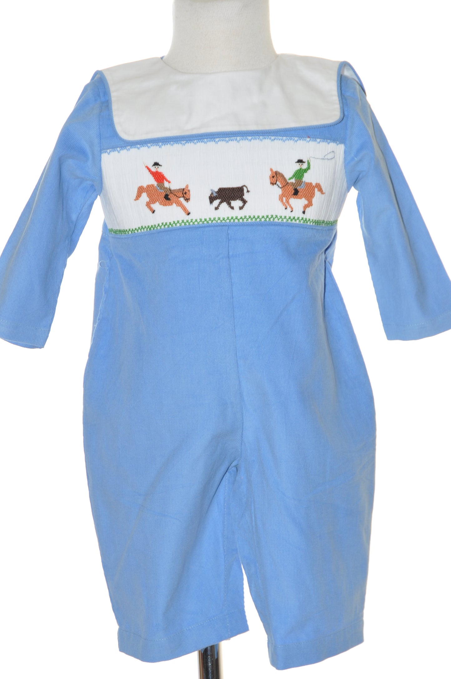 Blue Corduroy Rodeo Rider Smocked Boy Romper