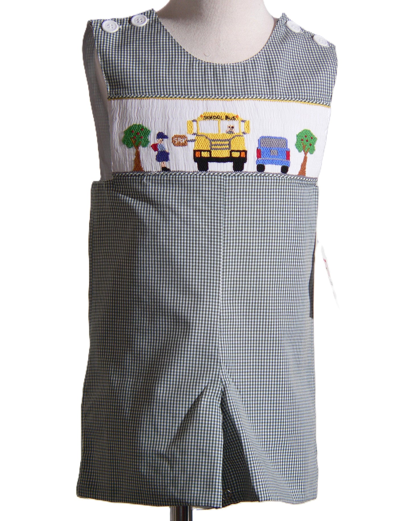 Green Gingham Boy Jon Jon featuring SCHOOL BUS Smocked