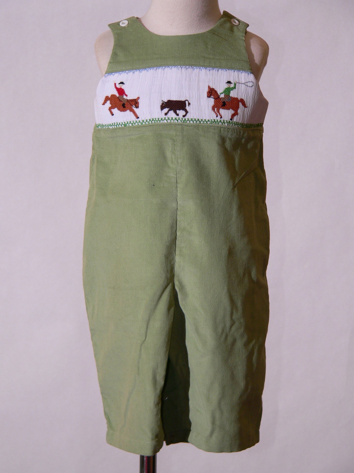 Sage Green Corduroy Rodeo Rider Smocked Boy Long Overall