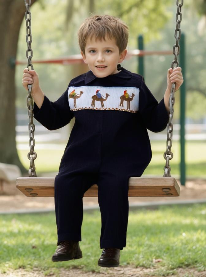 Navy Corduroy Three Kings Smocked Boy Long Overall