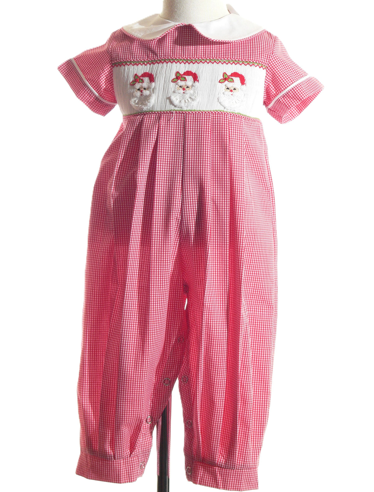 Red Gingham Boy Romper With White Peter Pan Collar and SANTA FACES Smocked