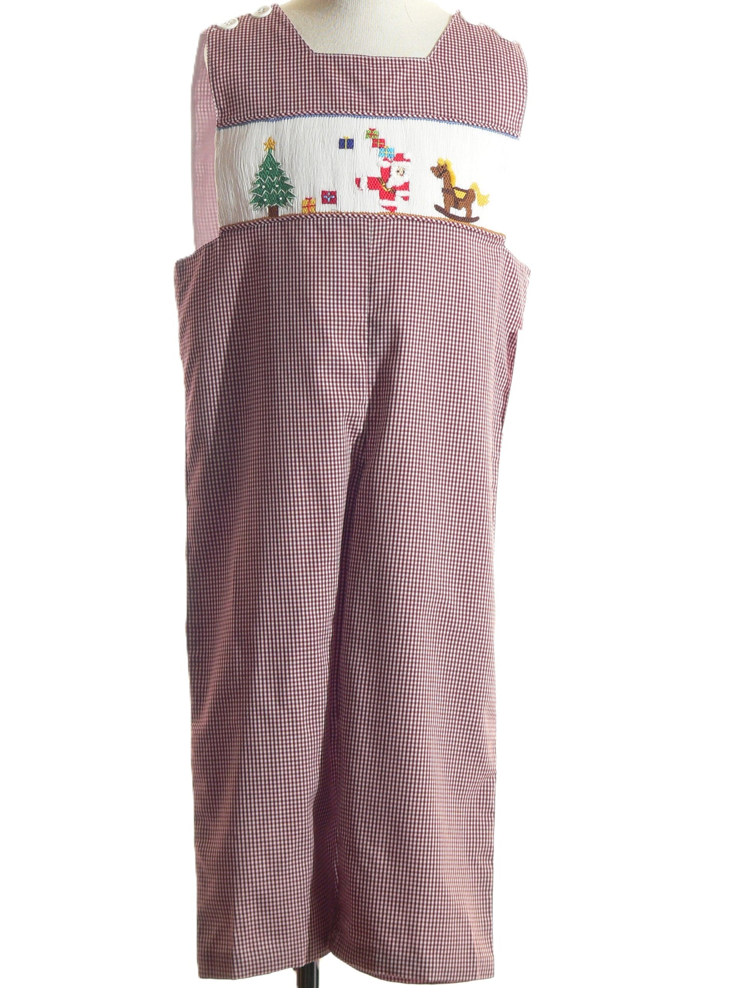 Red Gingham Boy Longall Smocked With SANTA, CHRISTMAS TREE & ROCKING HORSE