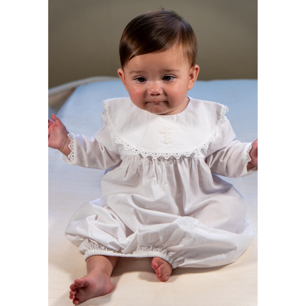 Cross Embroidered White Long Sleeve Day Gown