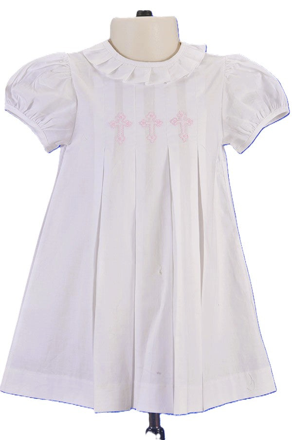 White Cross Hand-Embroidered With Pleated Collar Dress