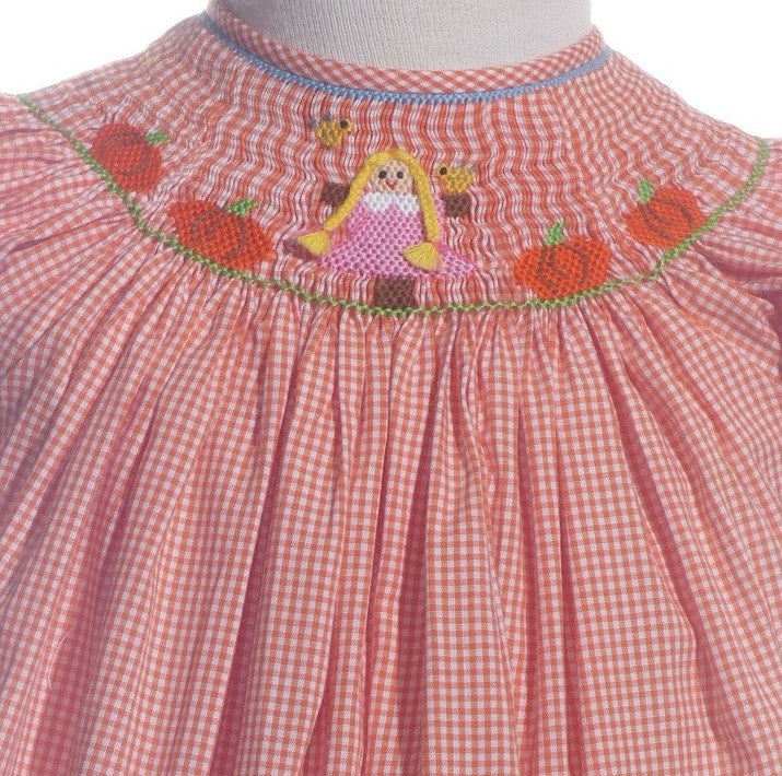 Orange Gingham Short Bishop Sleeve Dress featuring GIRL WITH BRAIDED HAIR & PUMPKINS Smocked