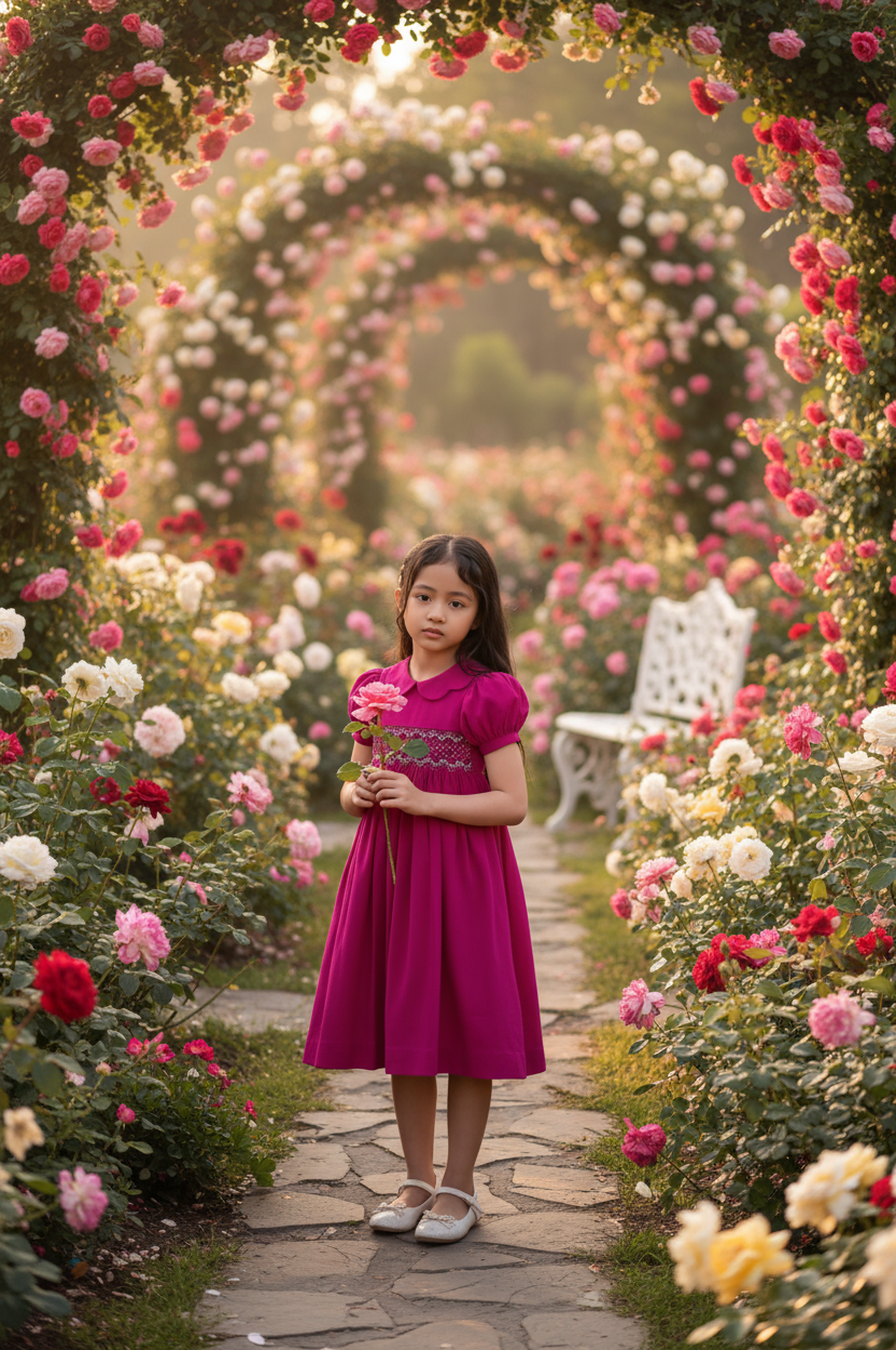 Pink Corduroy Geo Smocked With Roses Short Sleeve Bishop Dress