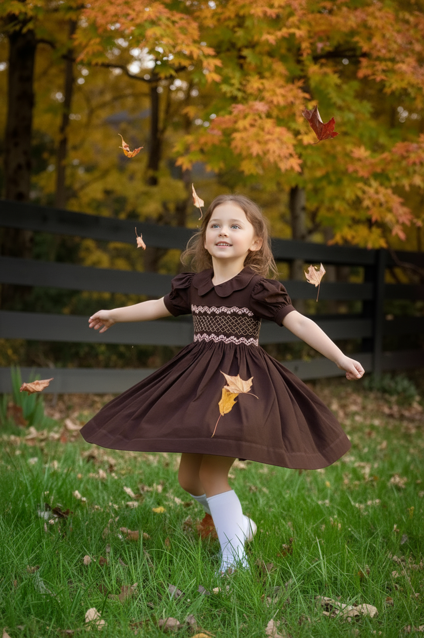 Brown Corduroy Geo Smocked With Roses Short Sleeve Bishop Dress