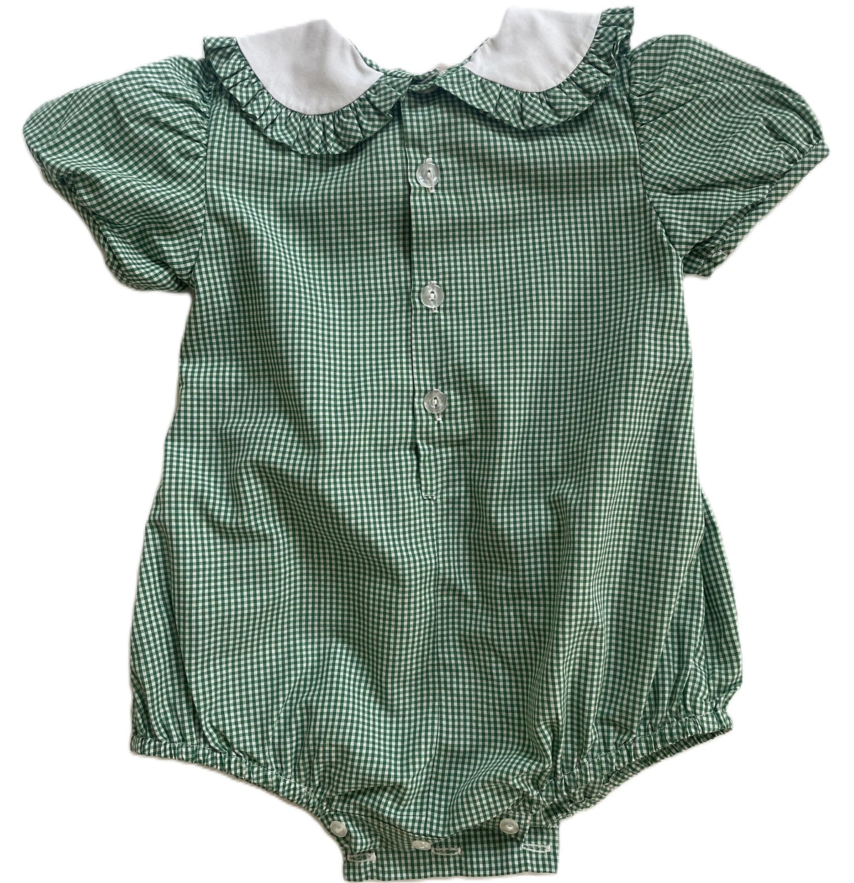 Green Gingham SANTA DANCING Smocked Short Sleeve Bubble Romper