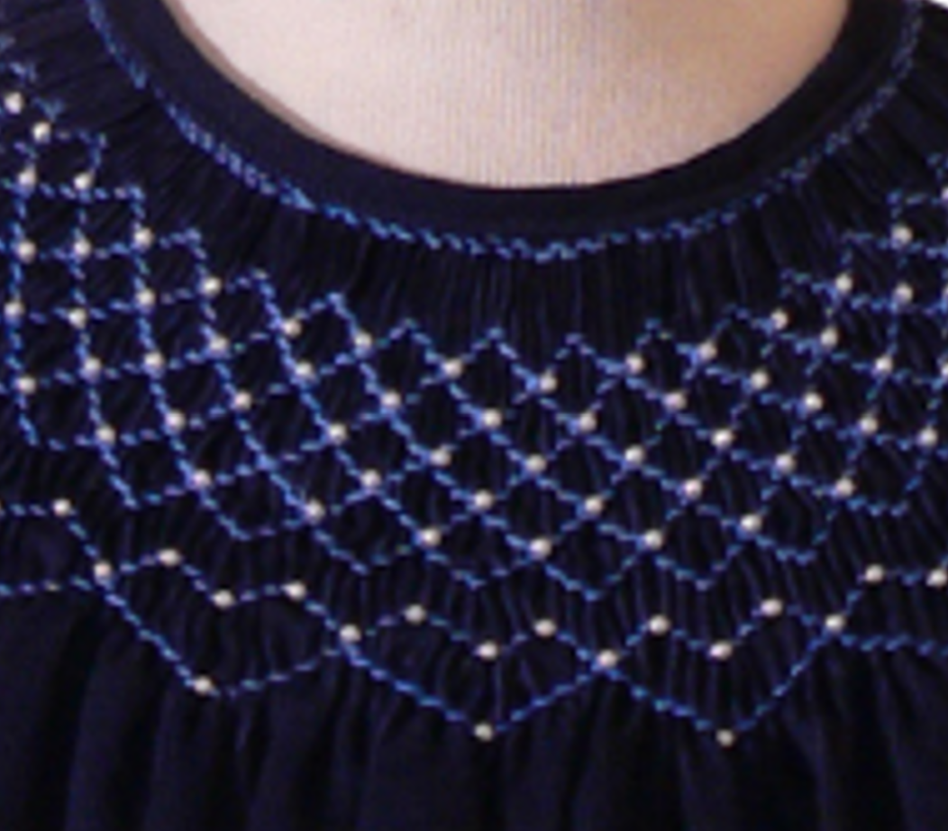 Navy Corduroy Geometric Smocked with Pearl Long Sleeve Bishop Dress