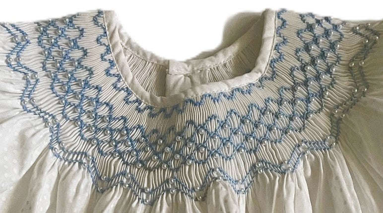 White Polka Dots Geometric Smocked with Pearl Short Bishop Sleeve Dress