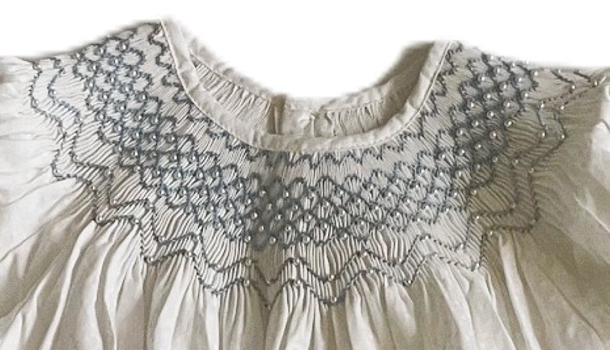 White Polka Dot Geometric Smocked Embroidered With Pearls Long Sleeve Dress