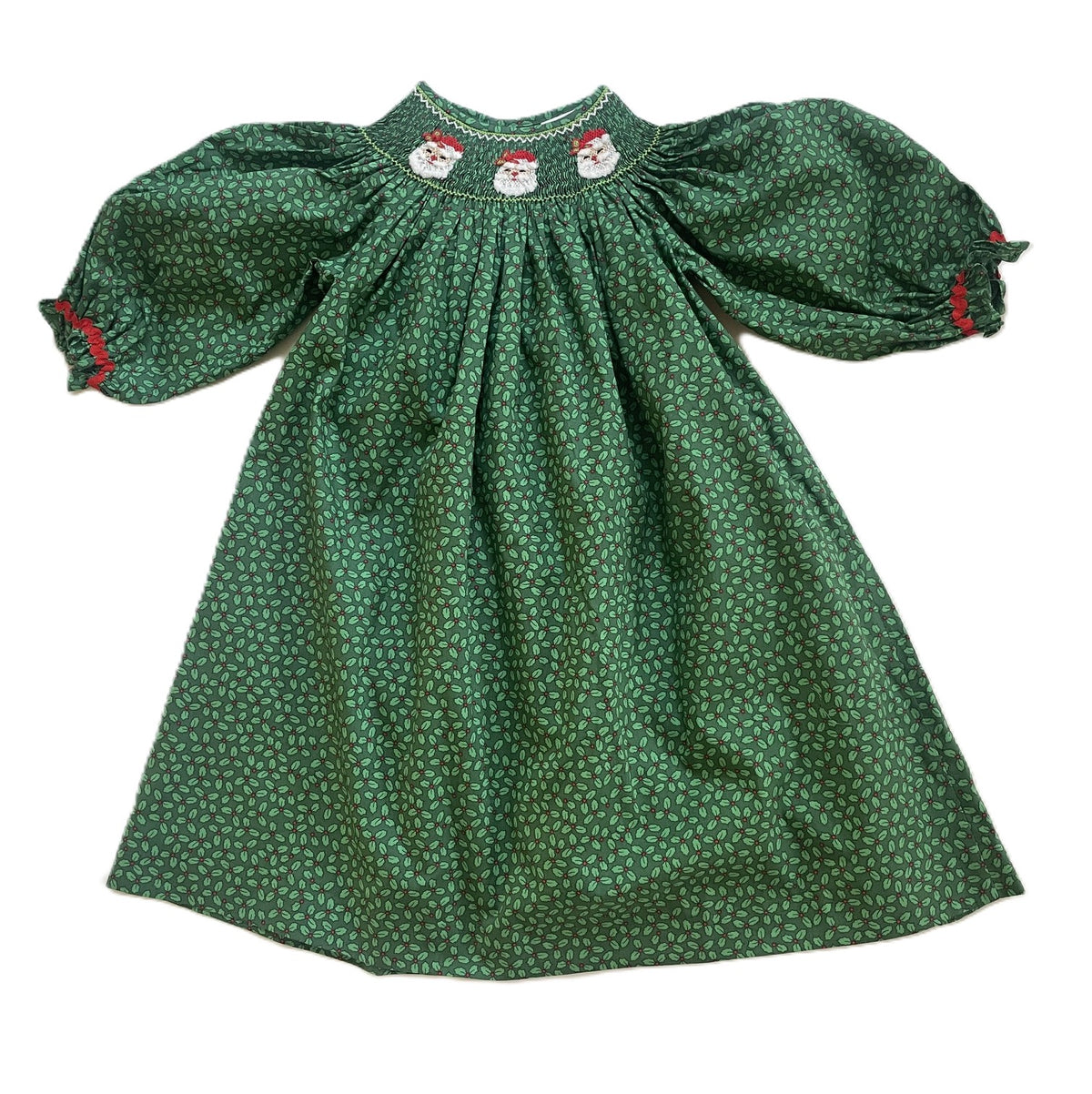 Green Long-Sleeve Bishop Dress With SANTA FACES Hand-Smocked