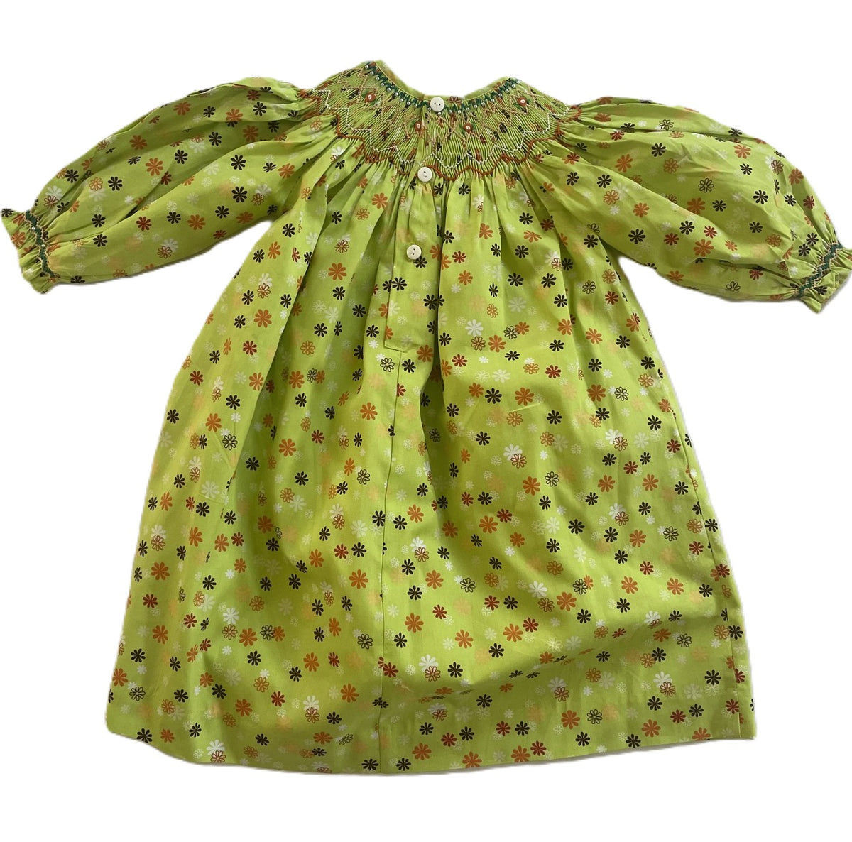 Green Floral Geometric Smocked Long Sleeve Bishop Dress