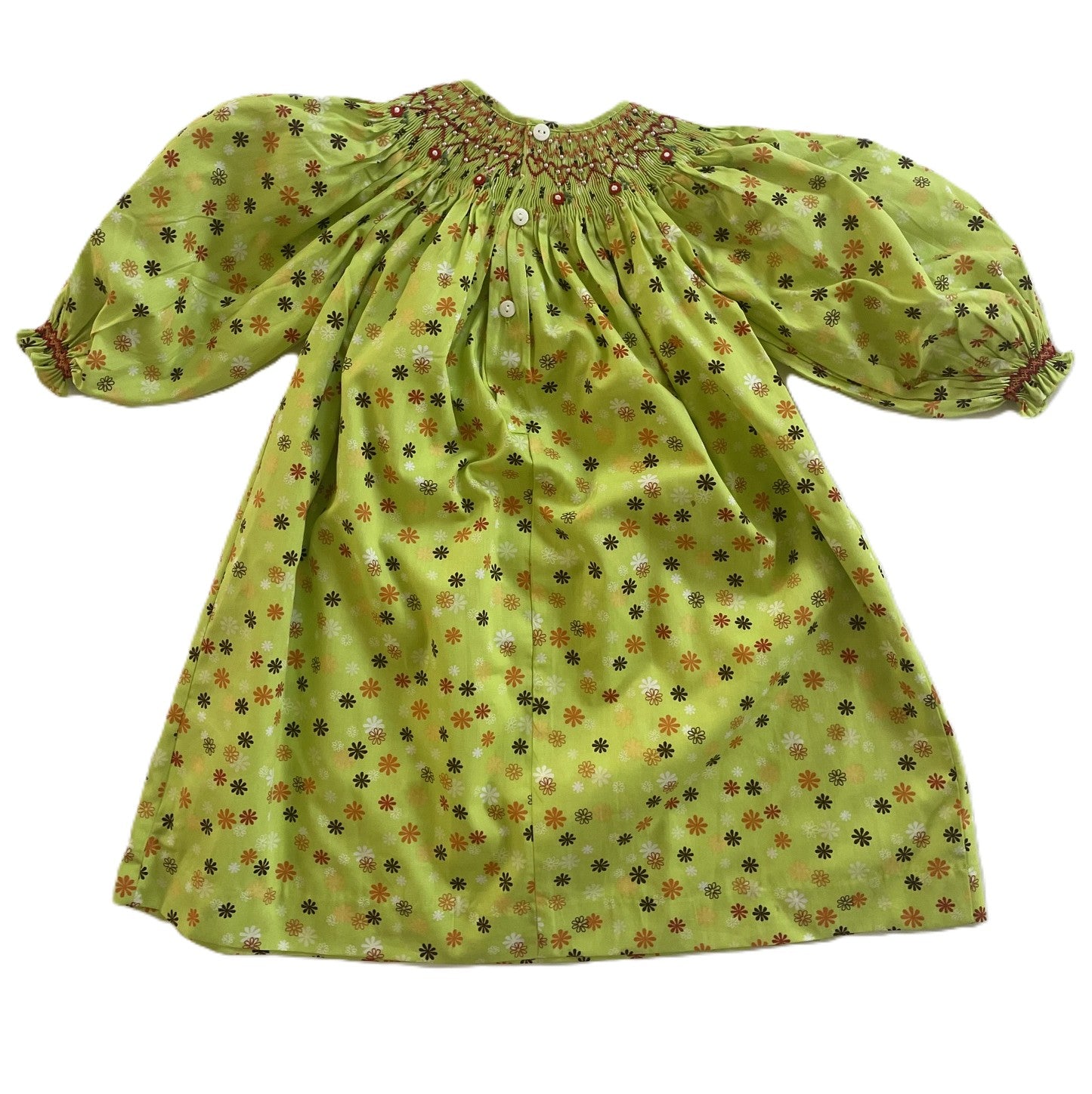 Green Floral Geometric Smocked Long Sleeve Bishop Dress