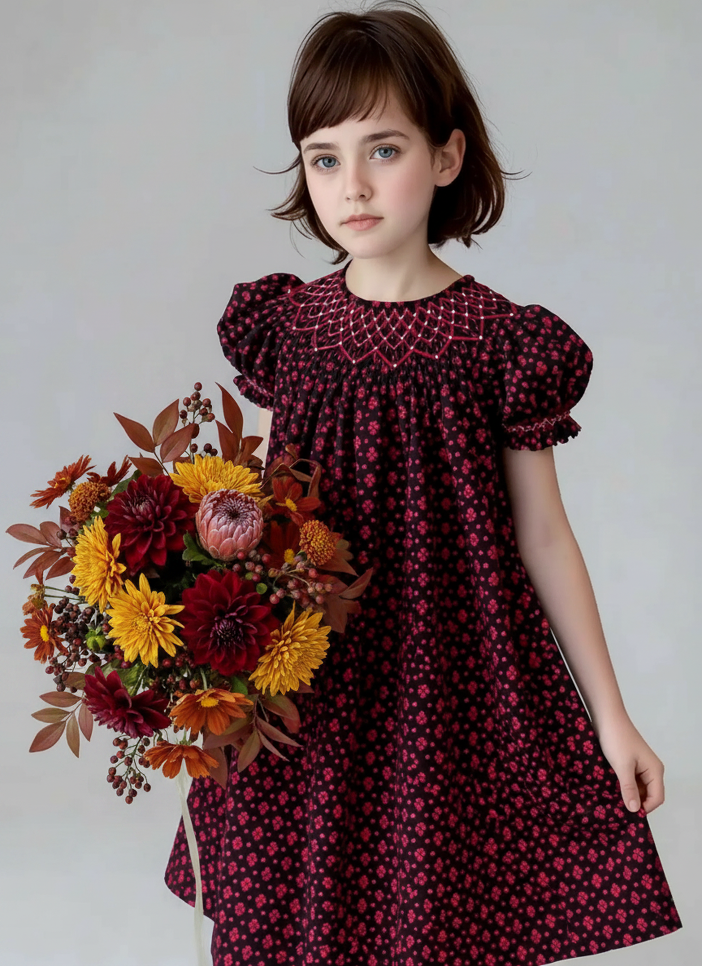 Brown With Burgundy Floral Patterns Geometric Smocked Short Sleeve Bishop Dress
