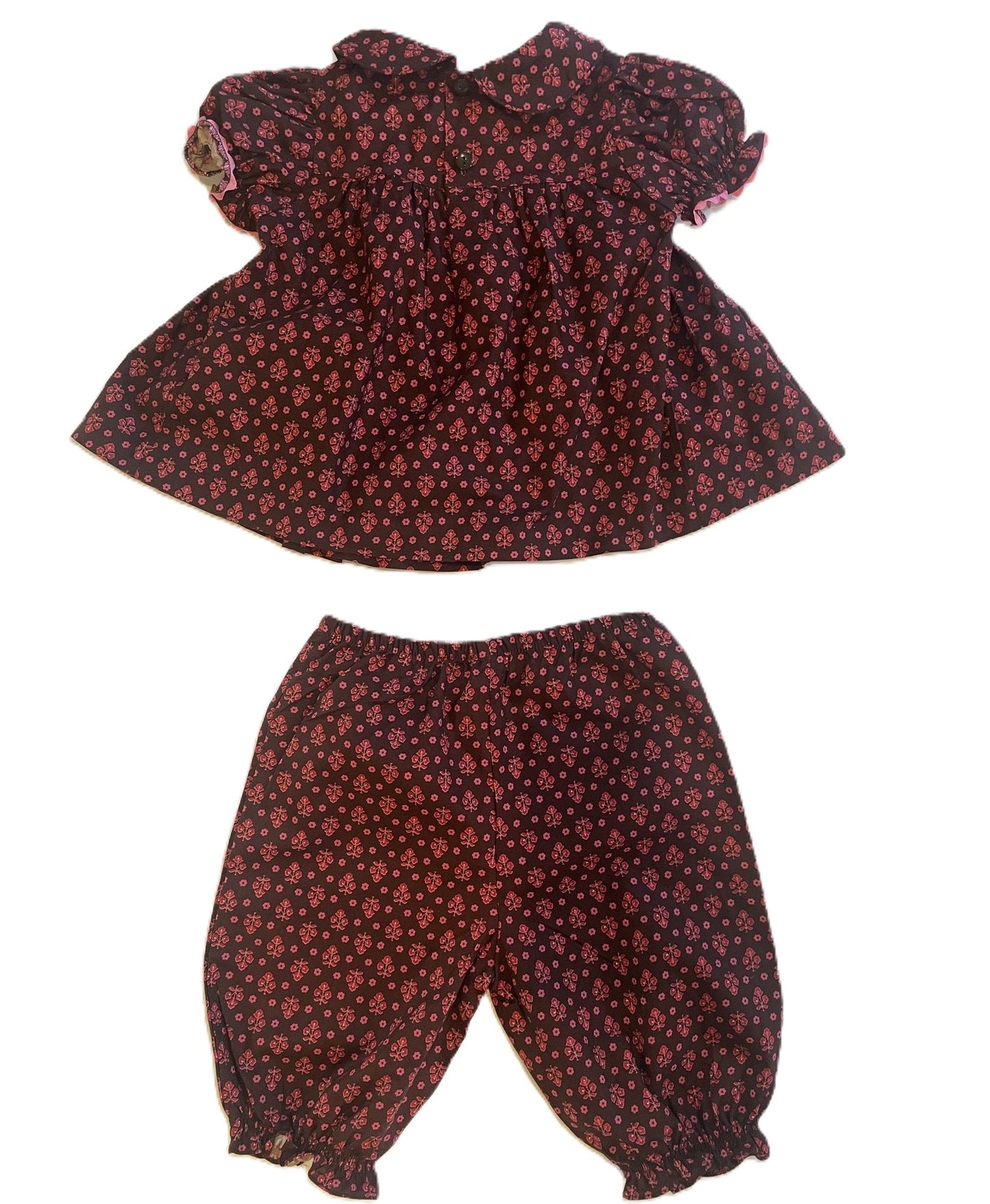 Brown With Burgundy Floral Patterns Geometric Smocked Short Sleeve Set