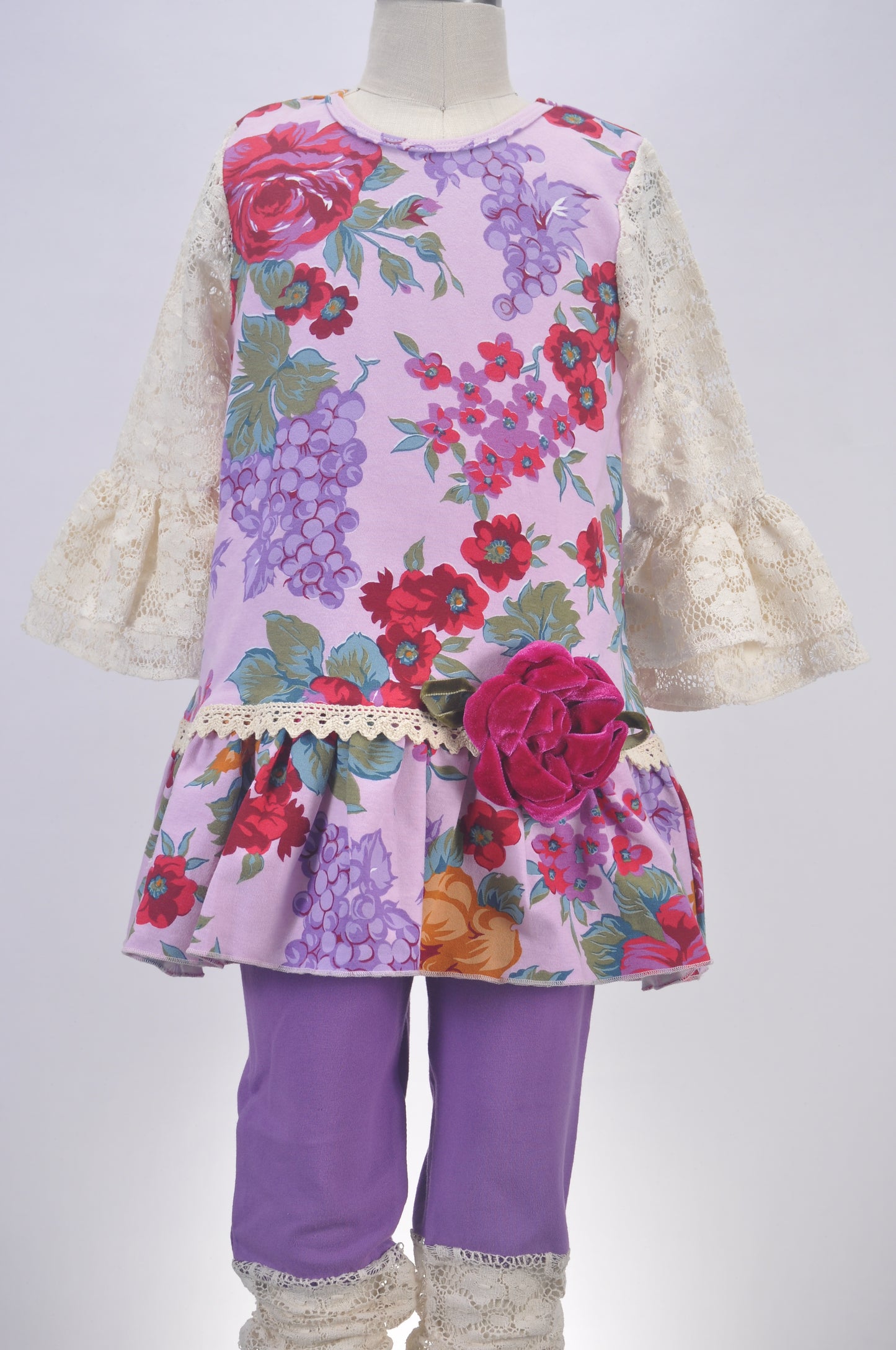 Purple Floral with Lace Sleeve & Laced Legging