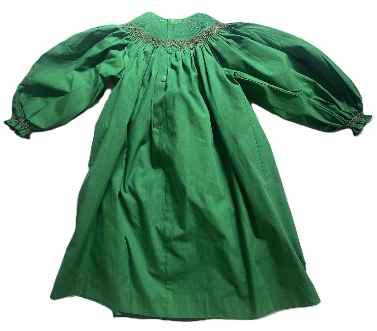 Green Long-Sleeve Bishop Dress With SANTA HATS Hand-Smocked