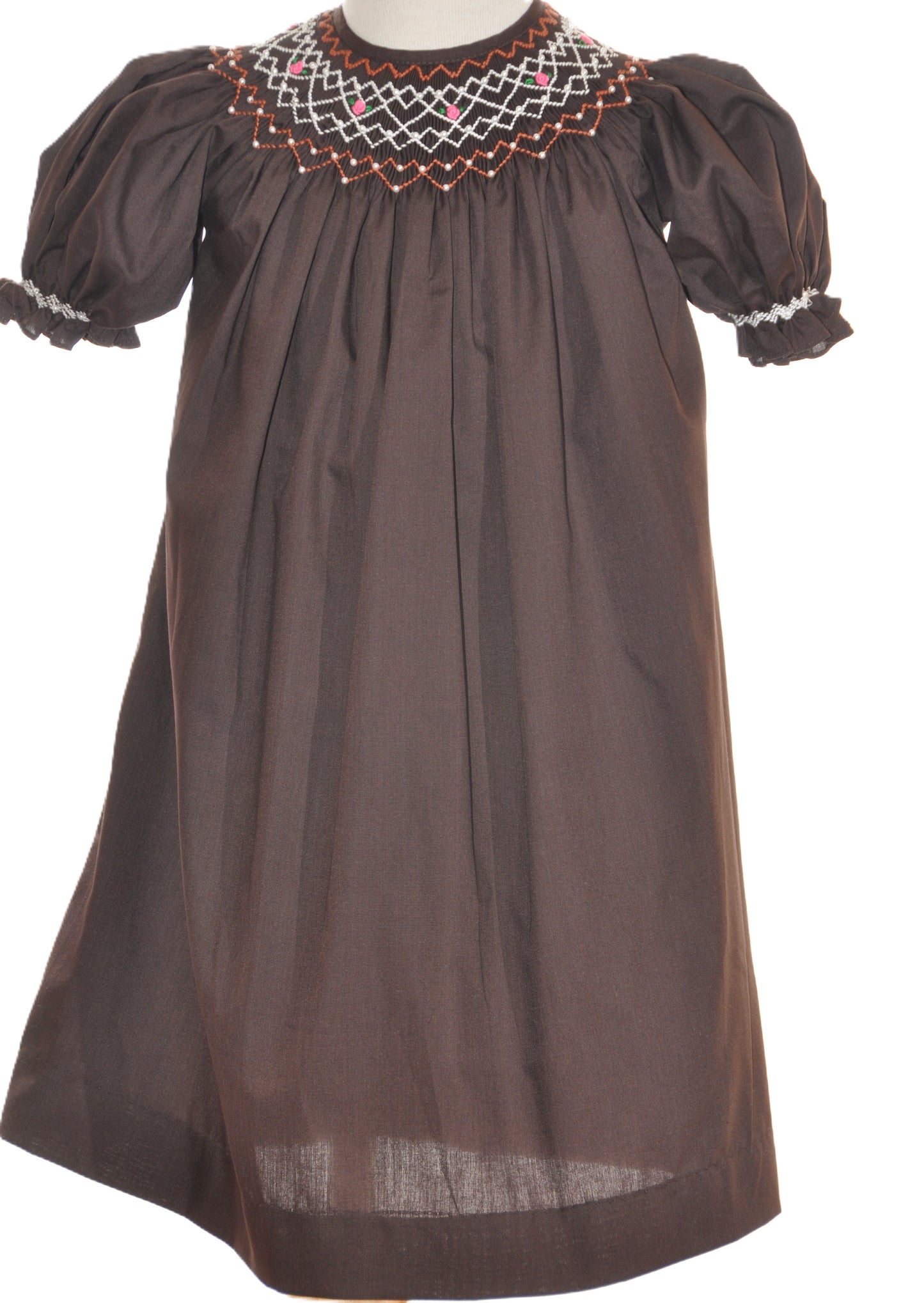 Brown Geometric Smocked Short Sleeve Bishop Dress