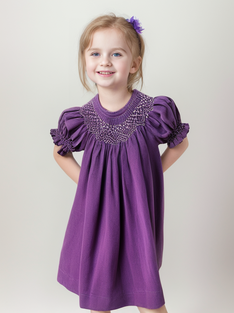 Purple Corduroy Geometric Smocked with Pearl Bishop Dress