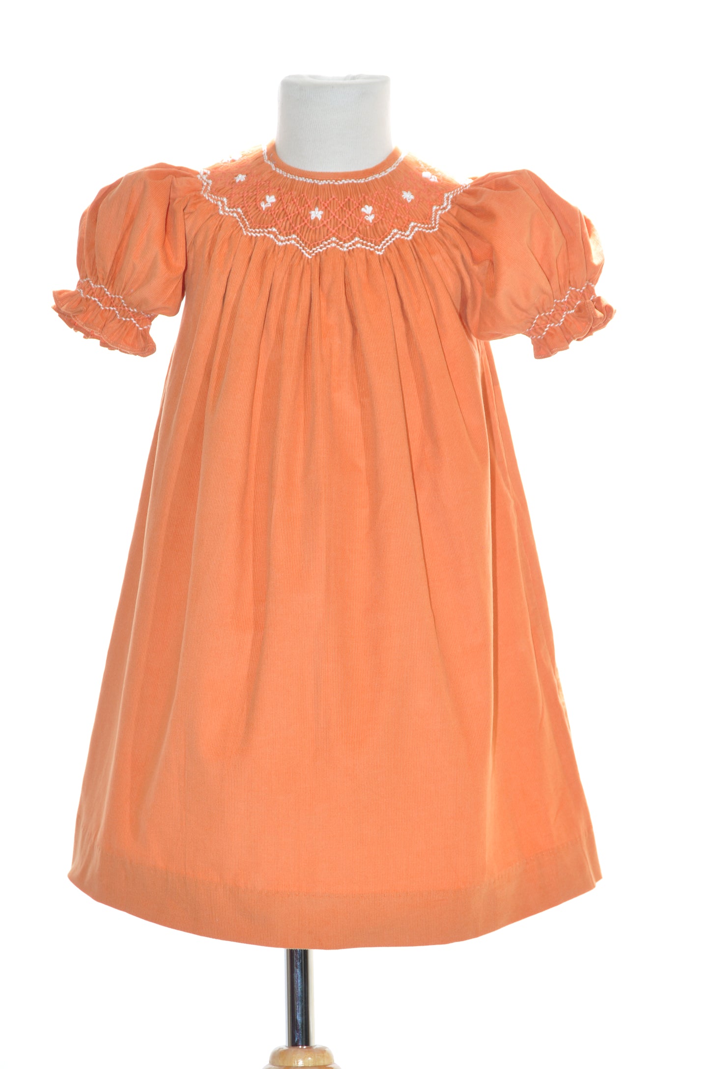 Orange Corduroy Geo Smocked Short Sleeve Bishop Dress