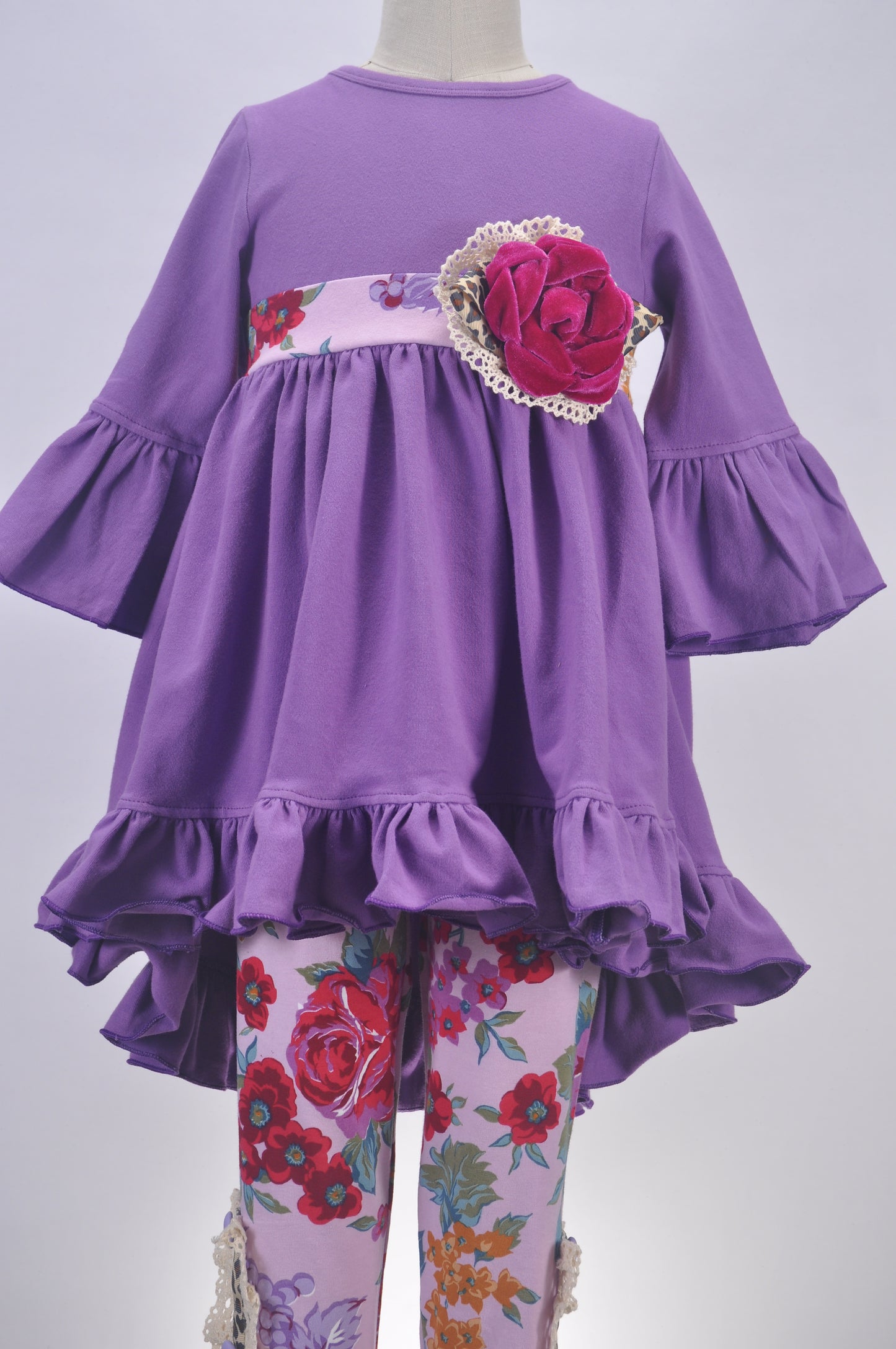 Purple Floral High-Low Ruffle Top & Legging