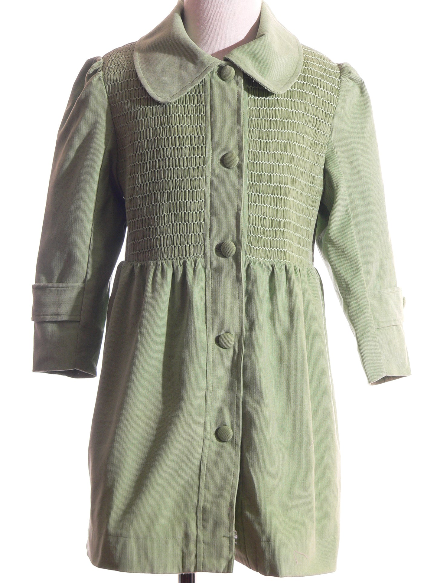 Sage Green Corduroy Smocked Coat with Big Buttons