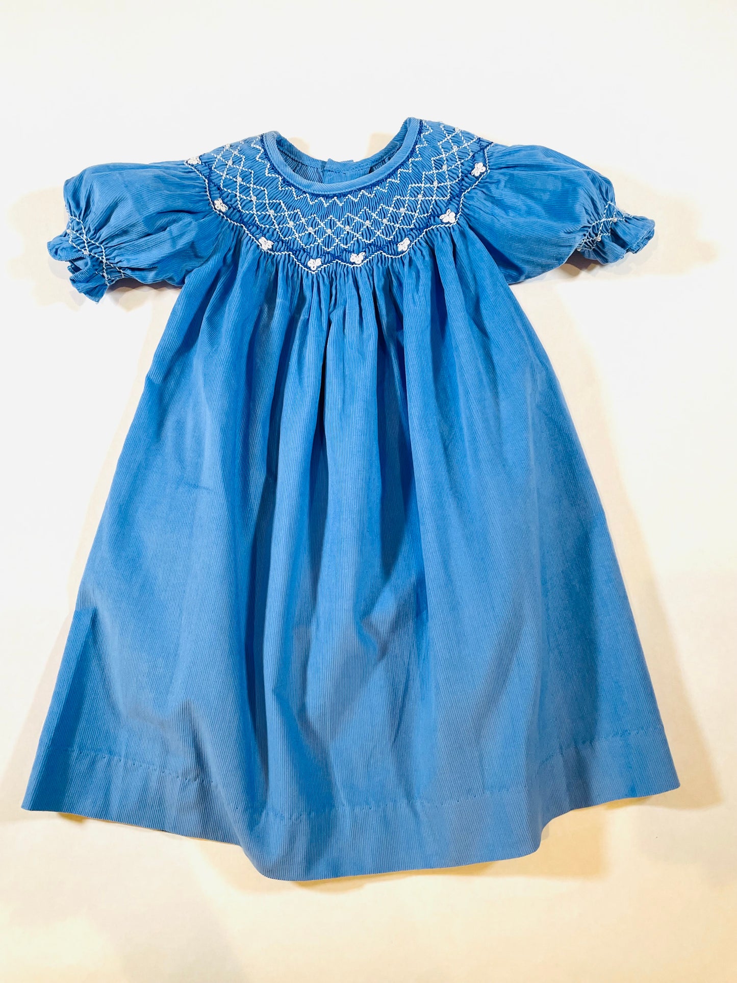 Blue Corduroy Smocked with Pearl Bishop Dress