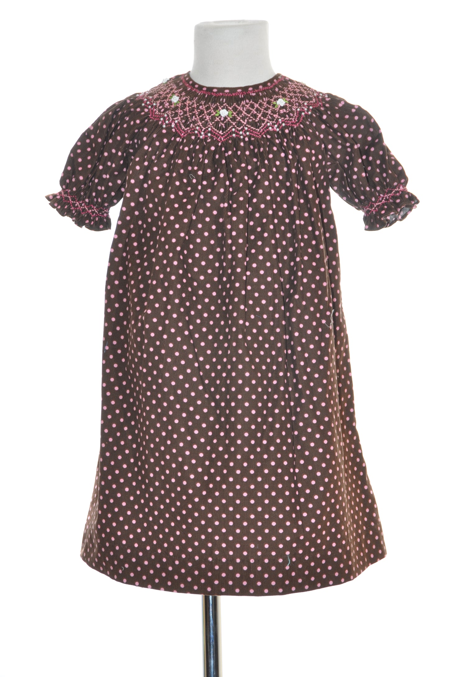 Brown & Pink Polka Dot Corduroy Geometric Smocked Short Sleeve Bishop Dress