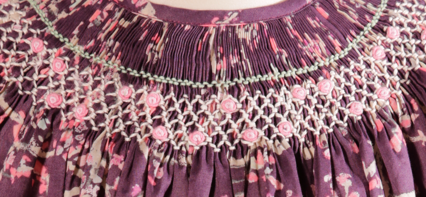 Plum Printed Smocked Short Sleeve Bishop Dress