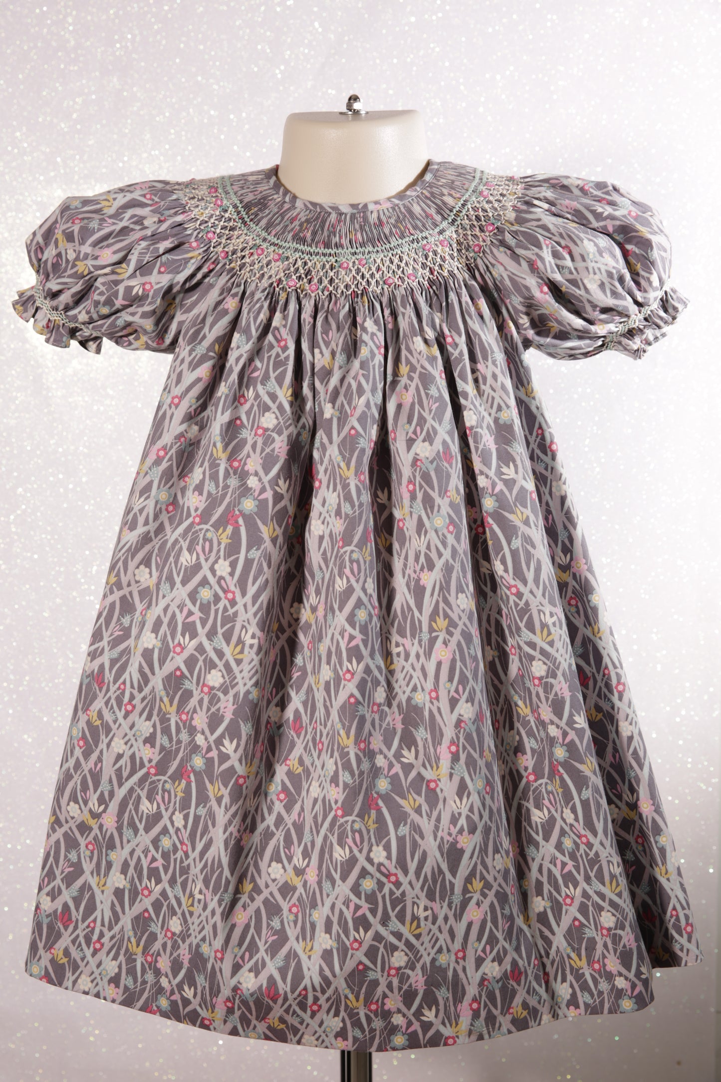 Modern print Geo Smocked Short Sleeve Bishop Dress