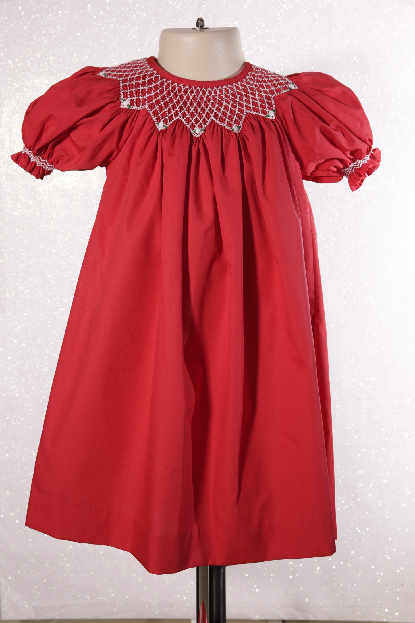 Red Geometric Smocked Short Bishop Sleeve Dress