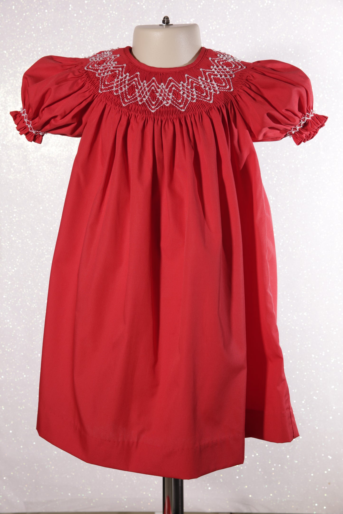 Red Geo Smocked With Pearls Bishop Dress